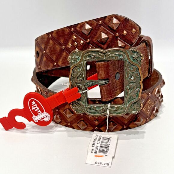 Justin Boots Accessories - NWT Justin Rough Diamond Studded Western Belt Brown Leather Women Size 30 (B7)